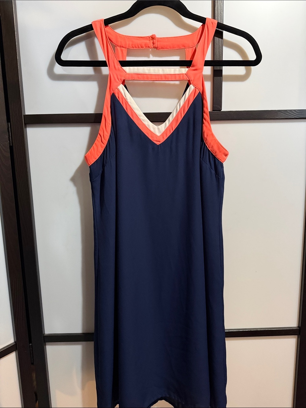 Skies Are Blue Navy Mini Dress with Coral and White Trim
